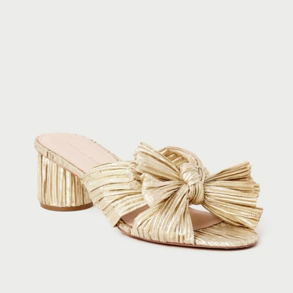Loeffler Randall Emilia Gold Pleated Bow Sandals, Size 7